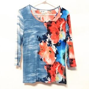 LanaLee Small vibrant blue orange floral 3/4 sleeve stretchy blouse